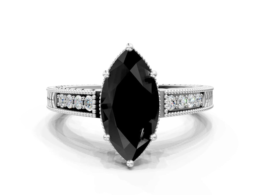 White gold Fancy Black Marquise Cut Cut Diamond Milgrain Pave Band Four-Prong Setting Ring