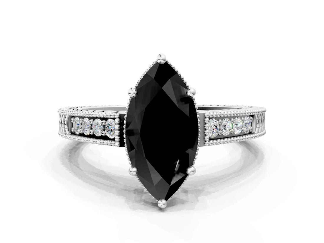 White gold Fancy Black Marquise Cut Cut Diamond Milgrain Pave Band Four-Prong Setting Ring_3