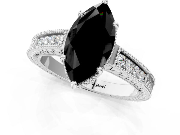 White gold Fancy Black Marquise Cut Cut Diamond Milgrain Pave Band Four-Prong Setting Ring