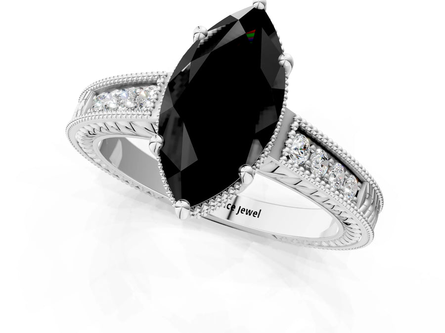 White gold Fancy Black Marquise Cut Cut Diamond Milgrain Pave Band Four-Prong Setting Ring