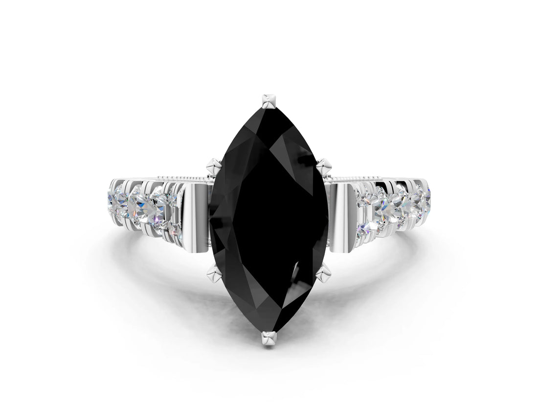 White gold Fancy Black Marquise Cut Cut Diamond Pavé Band Solitaire with Four-Prong Setting
