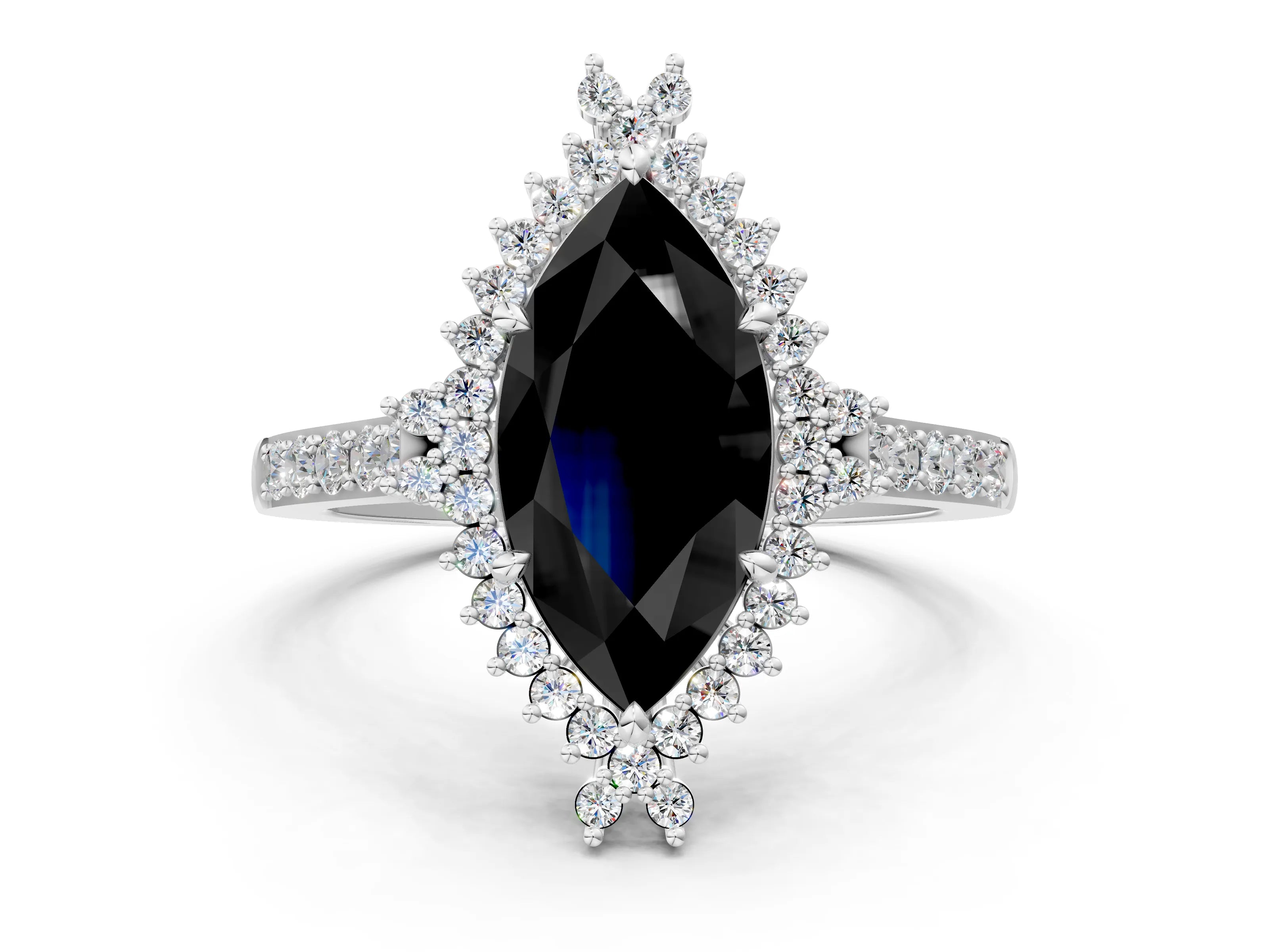 White gold Fancy Black Marquise Cut Cut Diamond Sunburst Halo Engagement Ring with Pavé Band