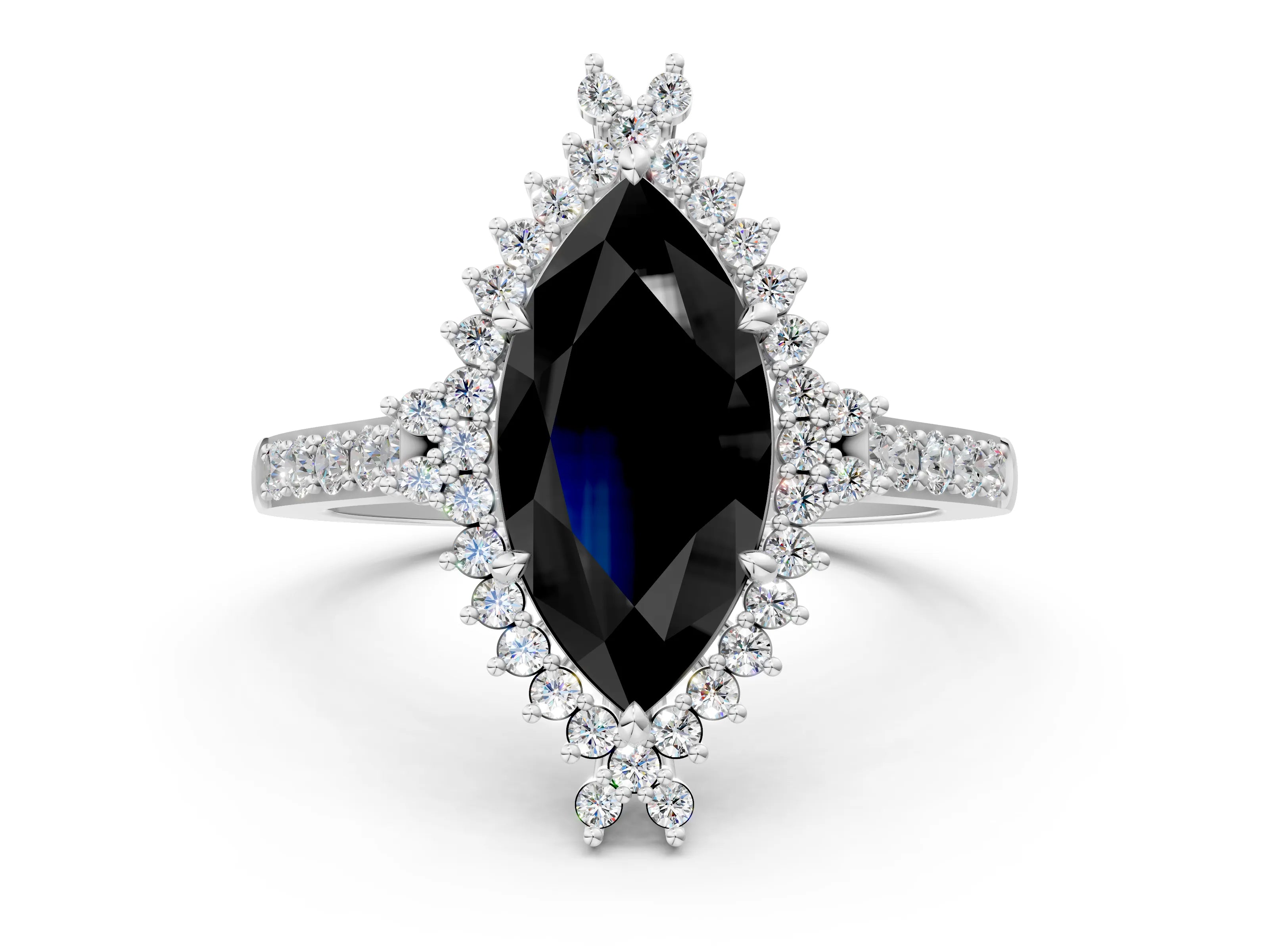 White gold Fancy Black Marquise Cut Cut Diamond Sunburst Halo Engagement Ring with Pavé Band_12