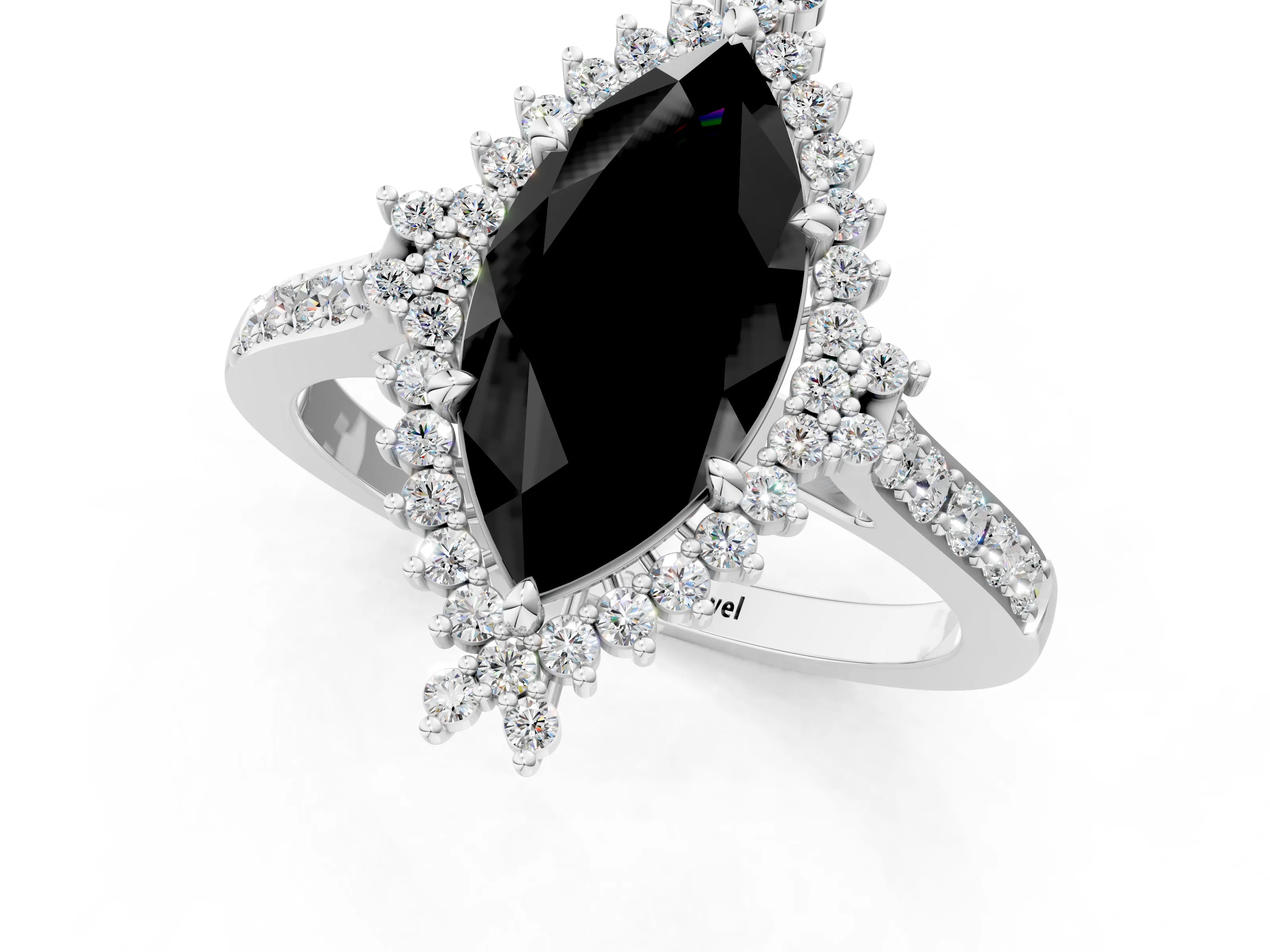 White gold Fancy Black Marquise Cut Cut Diamond Sunburst Halo Engagement Ring with Pavé Band_13