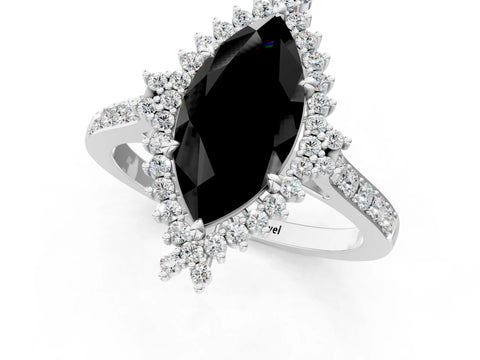 White gold Fancy Black Marquise Cut Cut Diamond Sunburst Halo Engagement Ring with Pavé Band_13