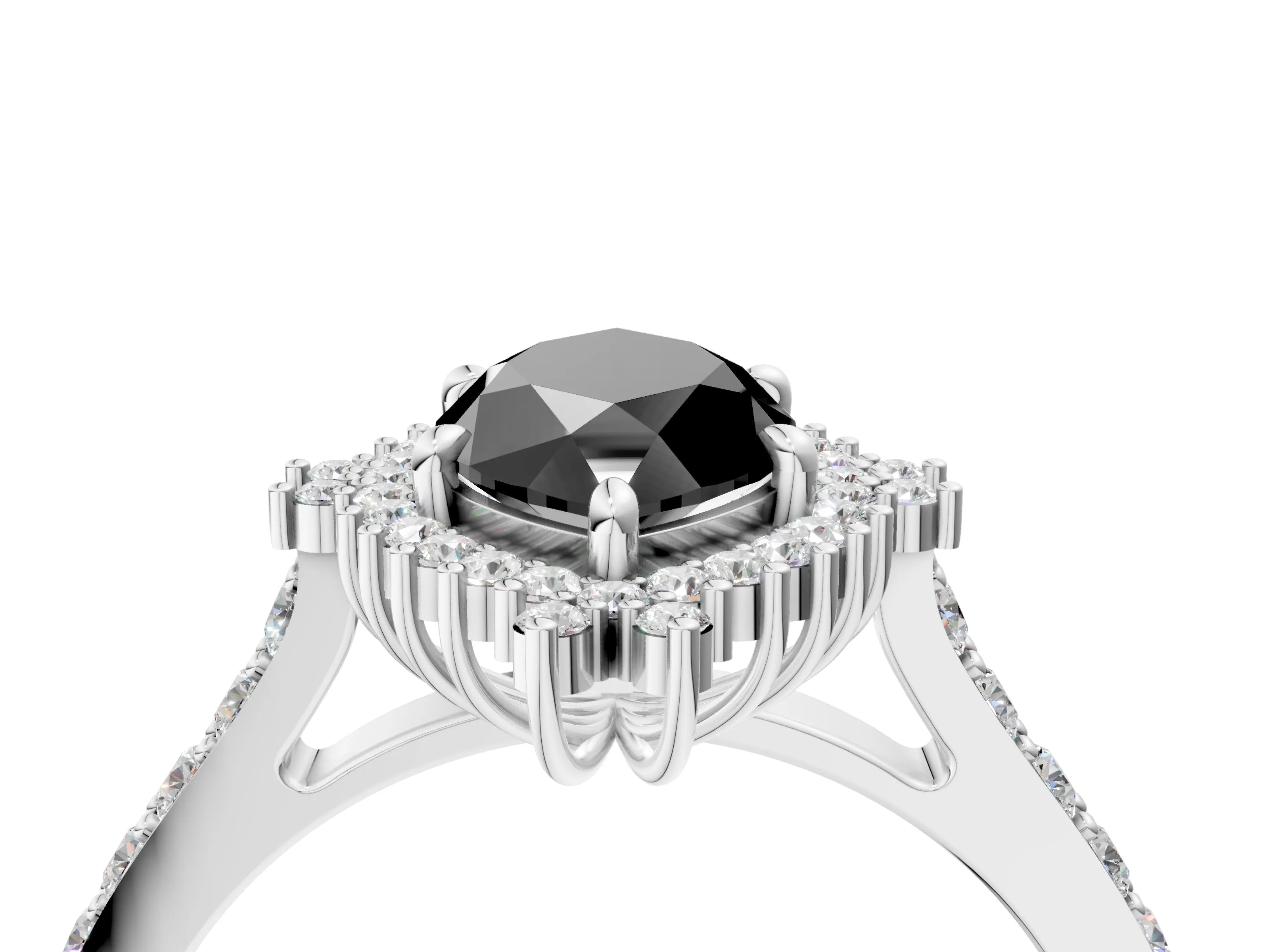 White gold Fancy Black Marquise Cut Cut Diamond Sunburst Halo Engagement Ring with Pavé Band_16