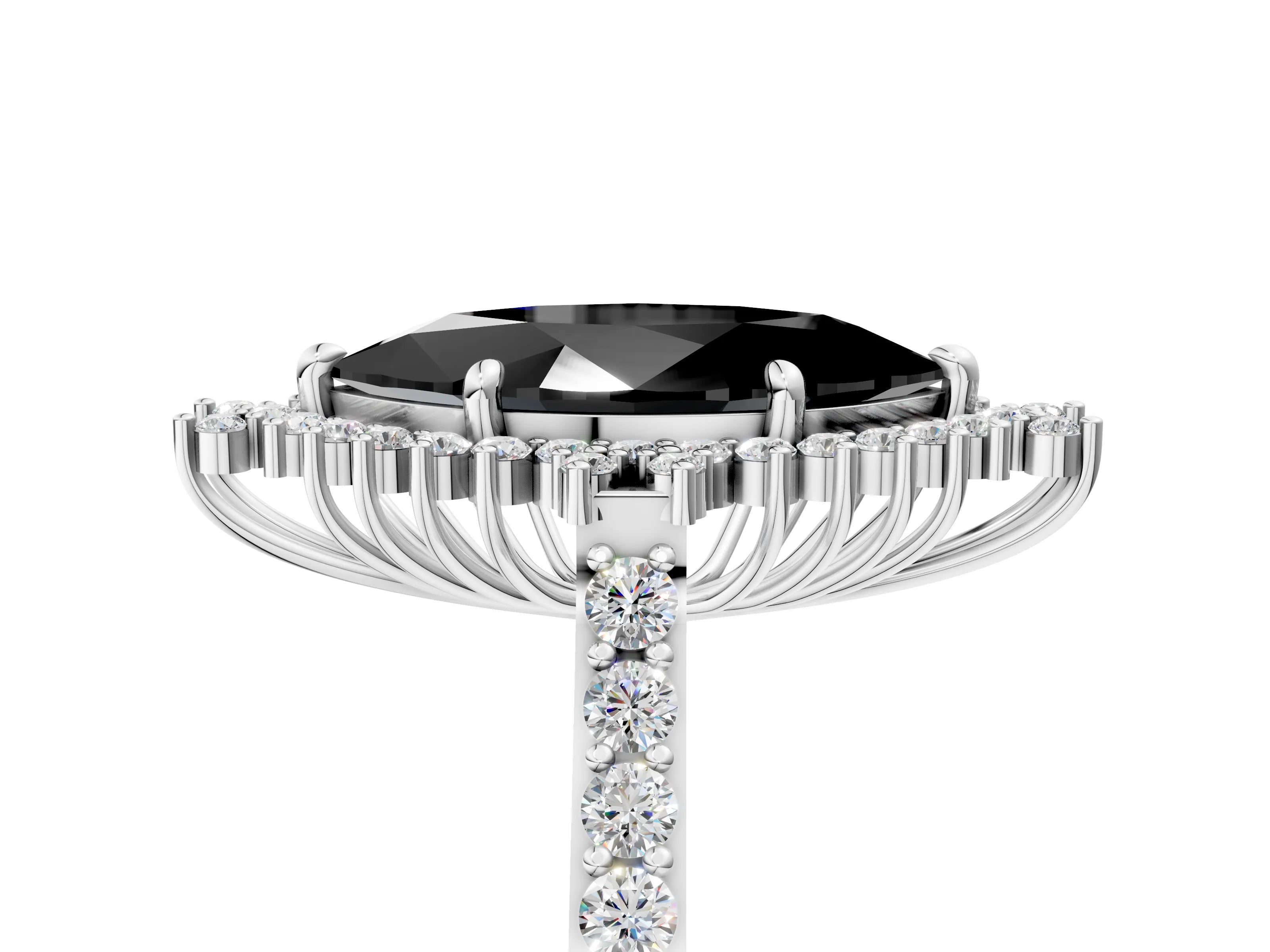 White gold Fancy Black Marquise Cut Cut Diamond Sunburst Halo Engagement Ring with Pavé Band_17