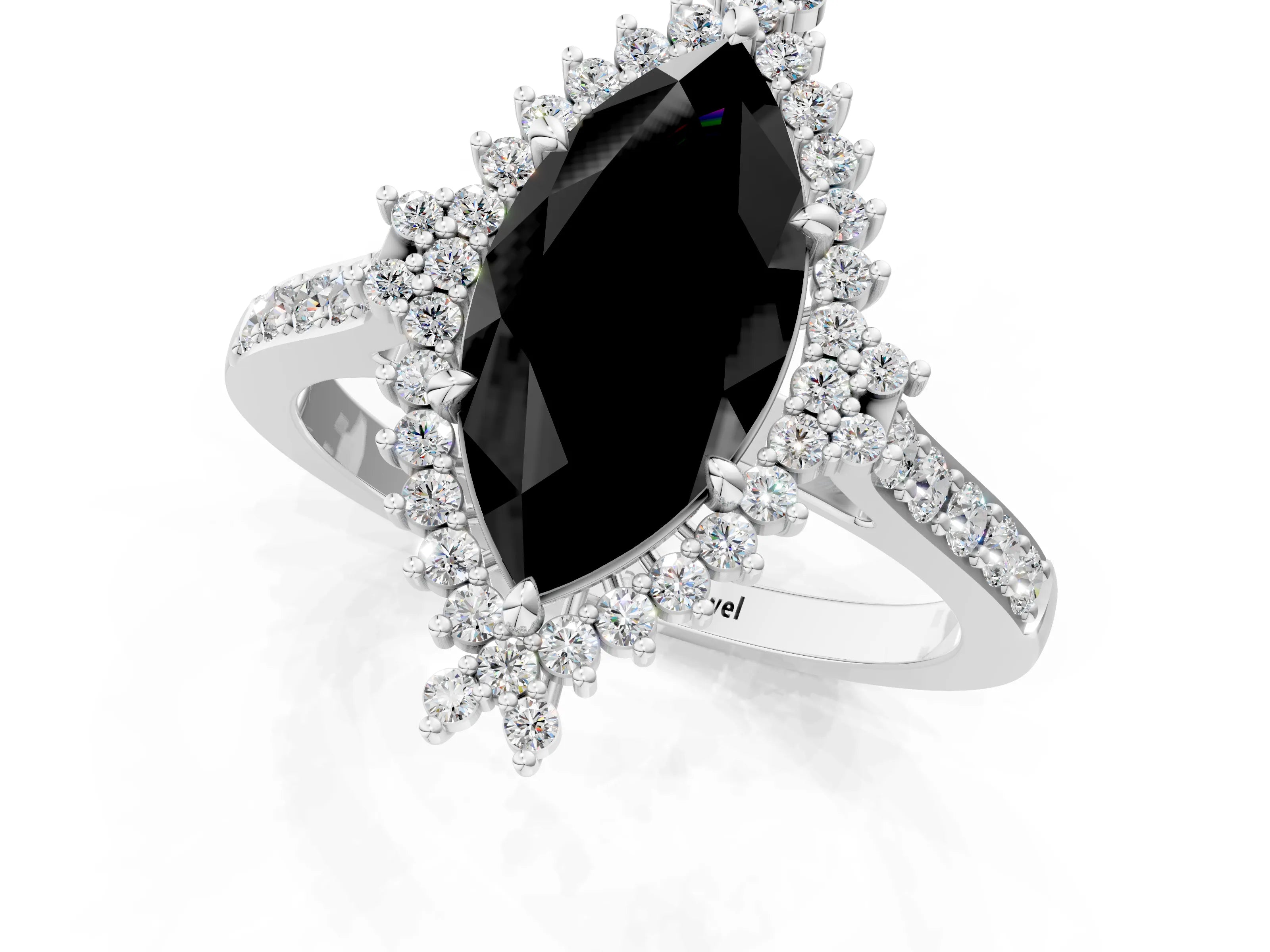 White gold Fancy Black Marquise Cut Cut Diamond Sunburst Halo Engagement Ring with Pavé Band_1