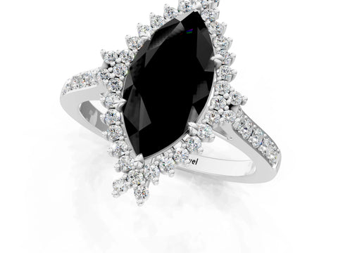 White gold Fancy Black Marquise Cut Cut Diamond Sunburst Halo Engagement Ring with Pavé Band_1