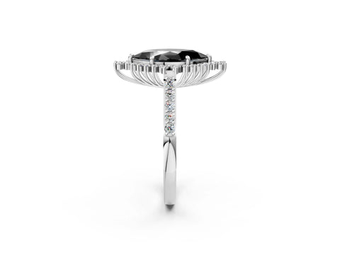 White gold Fancy Black Marquise Cut Cut Diamond Sunburst Halo Engagement Ring with Pavé Band_2