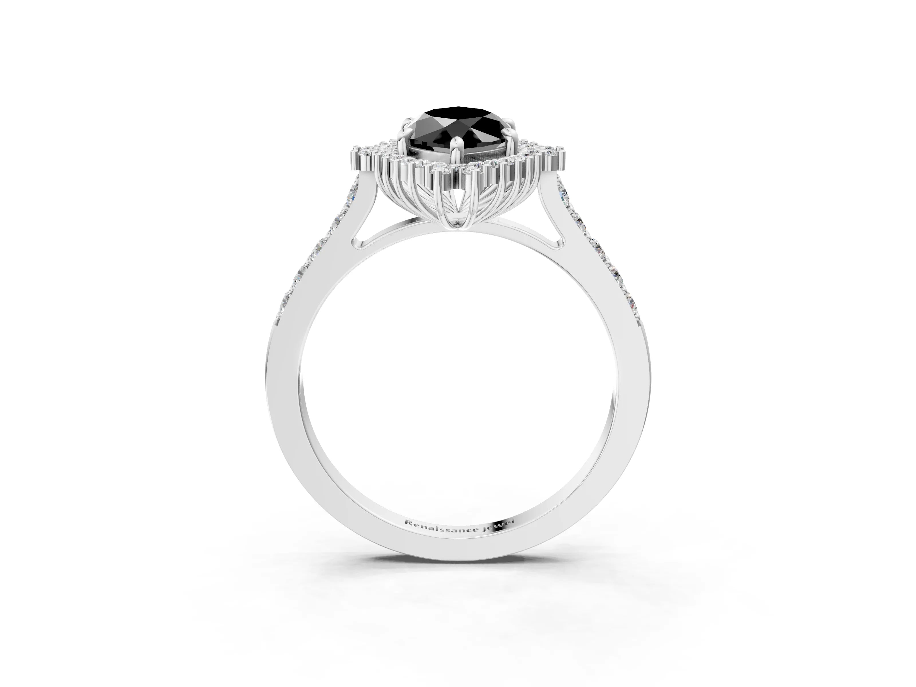 White gold Fancy Black Marquise Cut Cut Diamond Sunburst Halo Engagement Ring with Pavé Band_3