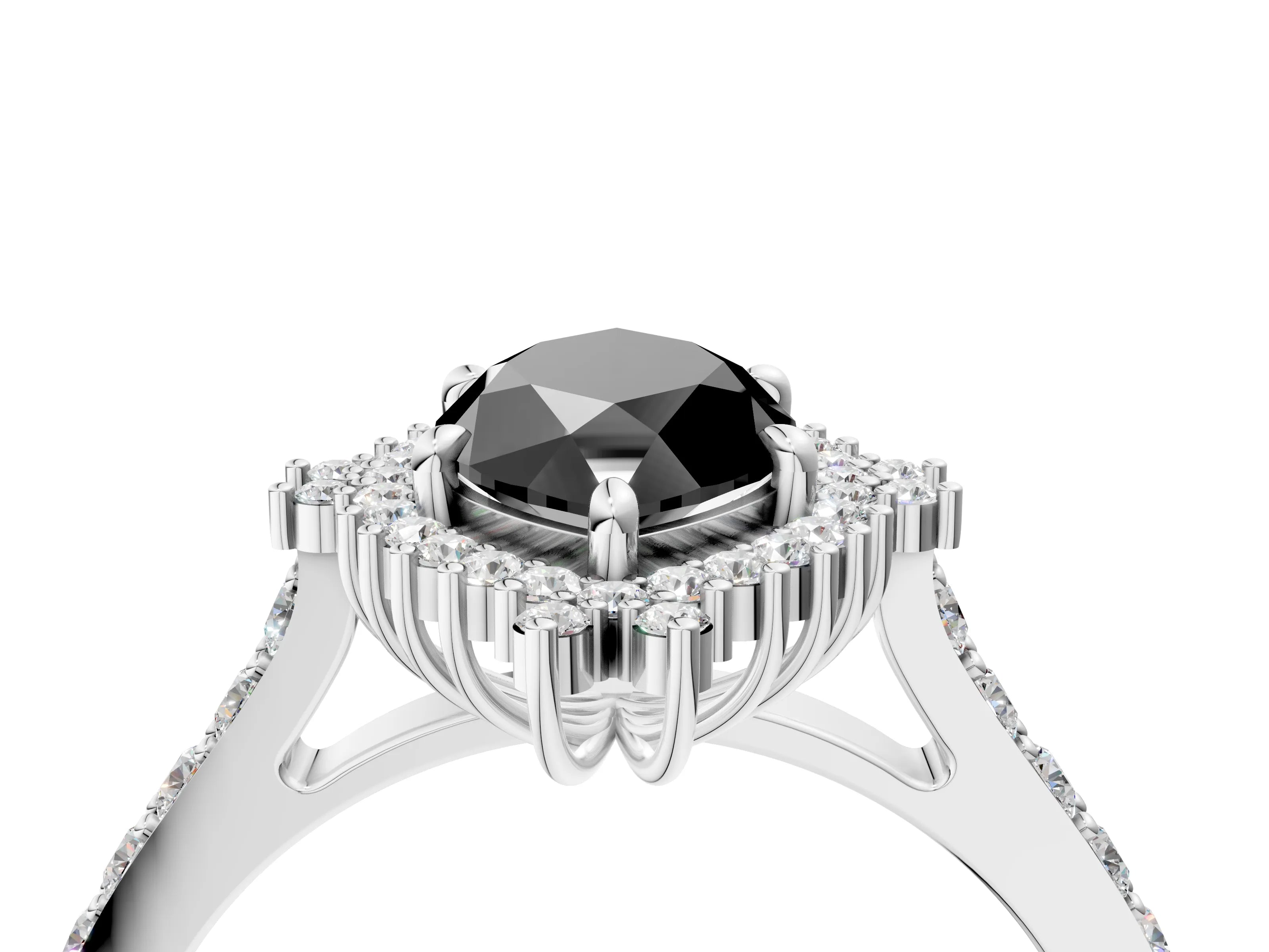 White gold Fancy Black Marquise Cut Cut Diamond Sunburst Halo Engagement Ring with Pavé Band_4