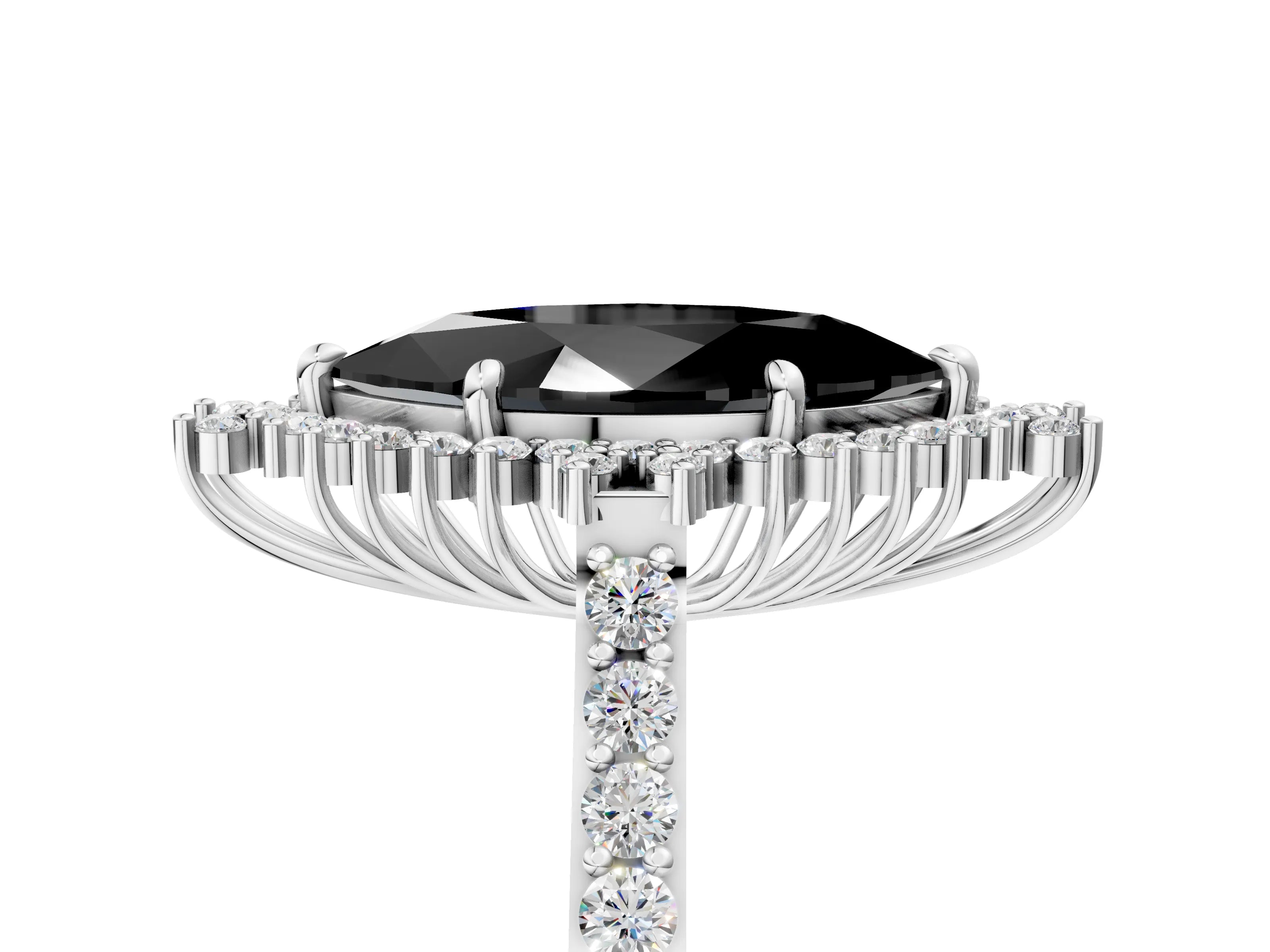 White gold Fancy Black Marquise Cut Cut Diamond Sunburst Halo Engagement Ring with Pavé Band_5
