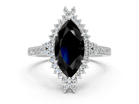 White gold Fancy Black Marquise Cut Cut Diamond Sunburst Halo Engagement Ring with Pavé Band