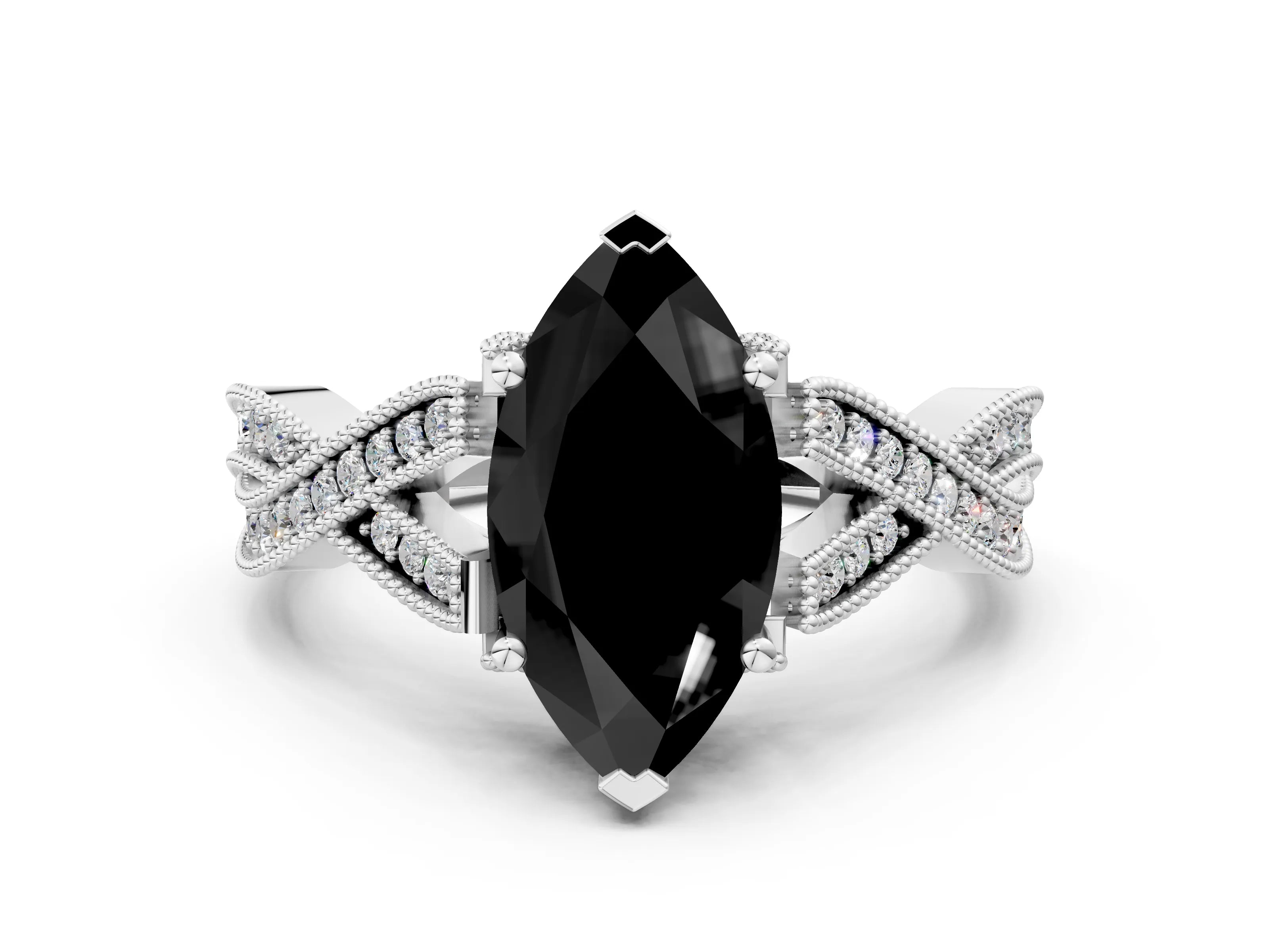 White gold Fancy Black Marquise Cut Cut Diamond Twisted Band with Milgrain Pave Setting and Four-Prong Setting_12