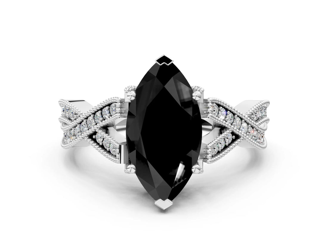 White gold Fancy Black Marquise Cut Cut Diamond Twisted Band with Milgrain Pave Setting and Four-Prong Setting_12