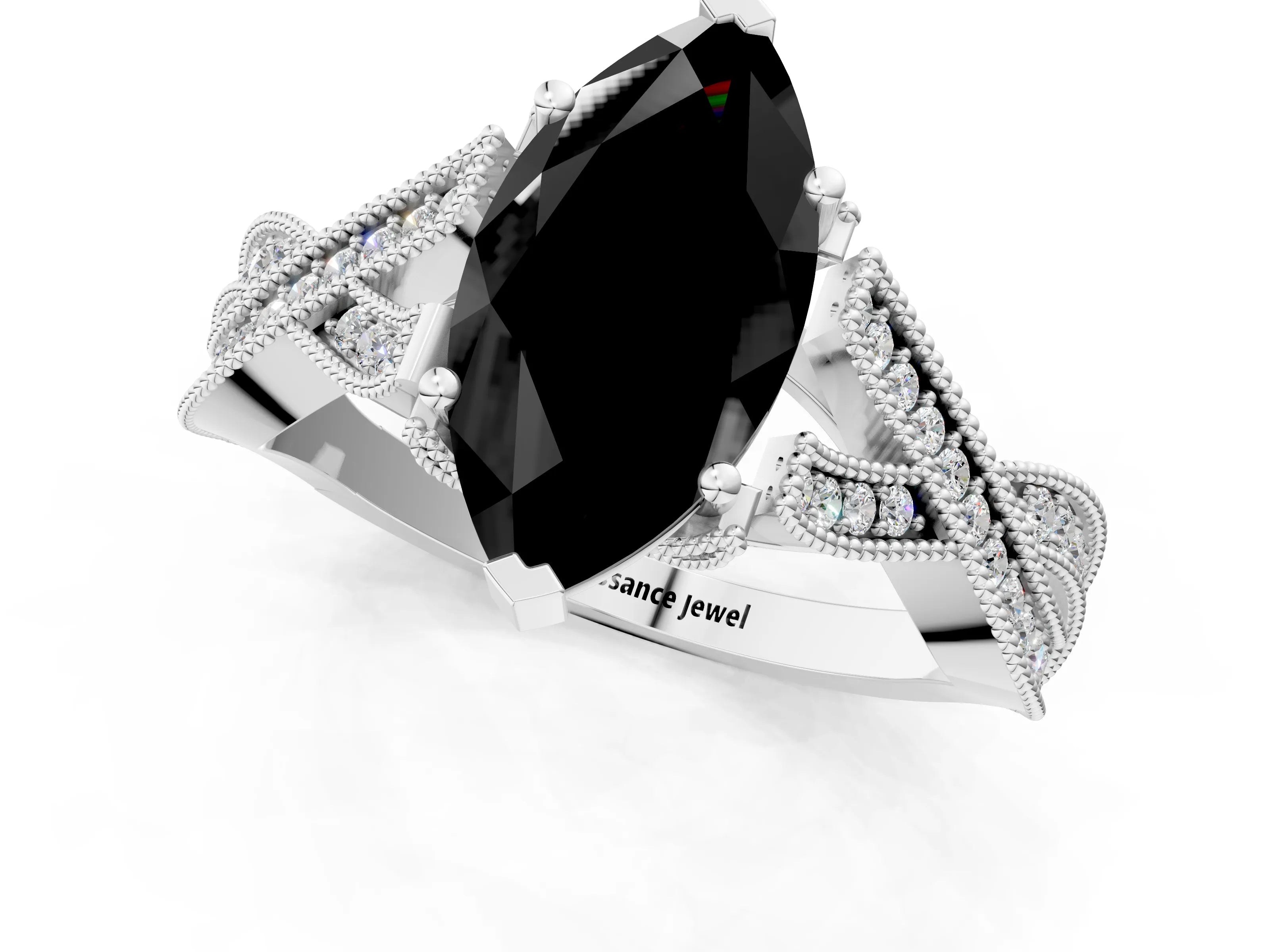 White gold Fancy Black Marquise Cut Cut Diamond Twisted Band with Milgrain Pave Setting and Four-Prong Setting_13