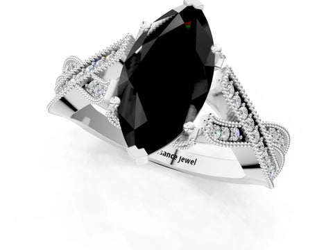 White gold Fancy Black Marquise Cut Cut Diamond Twisted Band with Milgrain Pave Setting and Four-Prong Setting_13