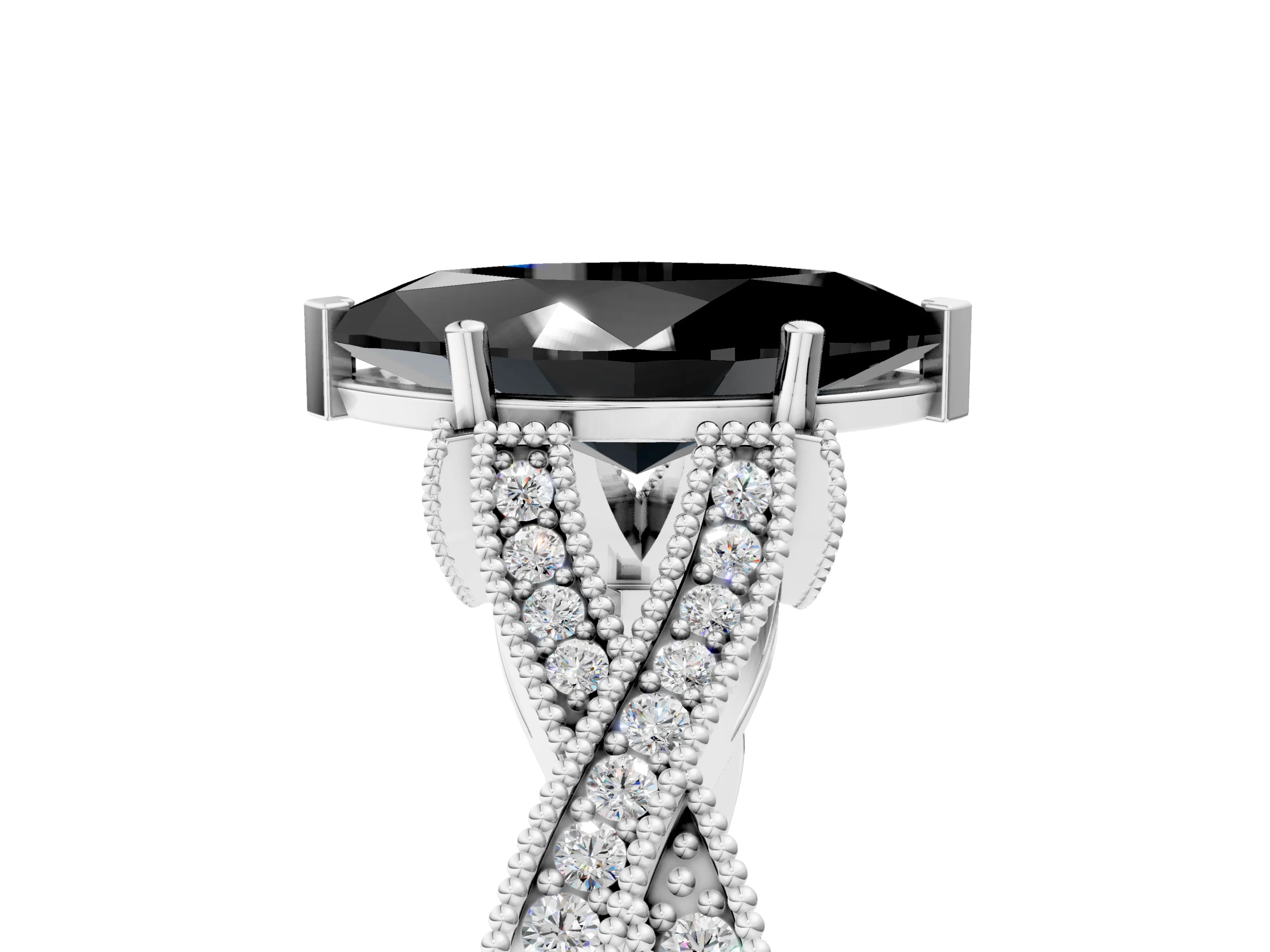 White gold Fancy Black Marquise Cut Cut Diamond Twisted Band with Milgrain Pave Setting and Four-Prong Setting_17