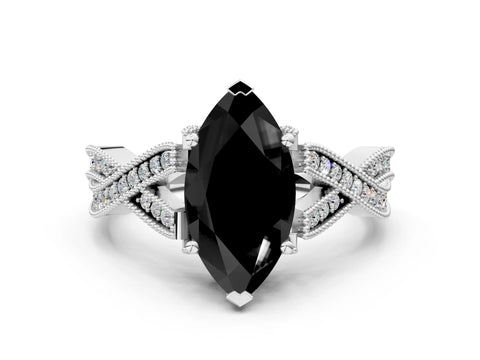 White gold Fancy Black Marquise Cut Cut Diamond Twisted Band with Milgrain Pave Setting and Four-Prong Setting_1