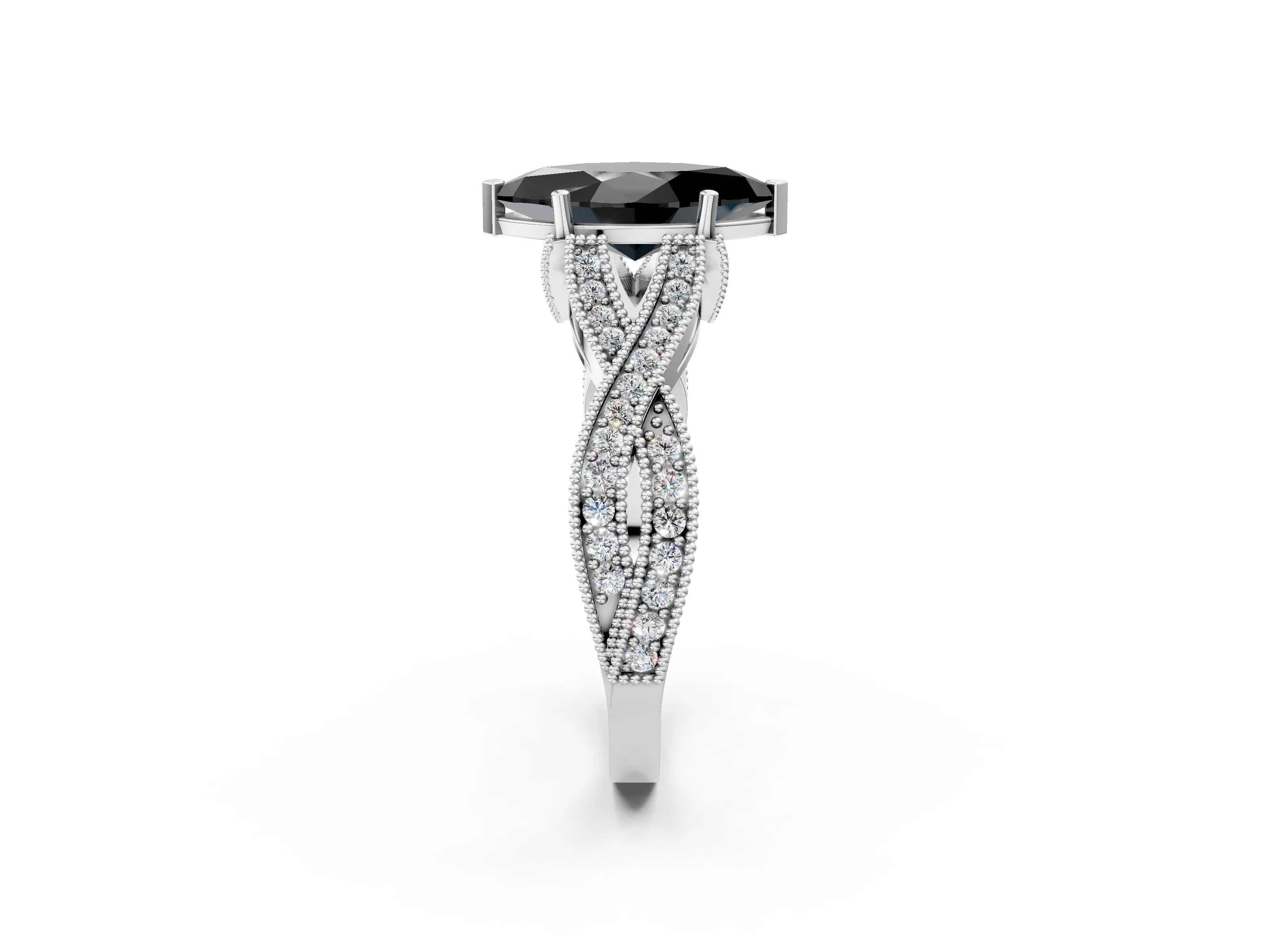 White gold Fancy Black Marquise Cut Cut Diamond Twisted Band with Milgrain Pave Setting and Four-Prong Setting_2