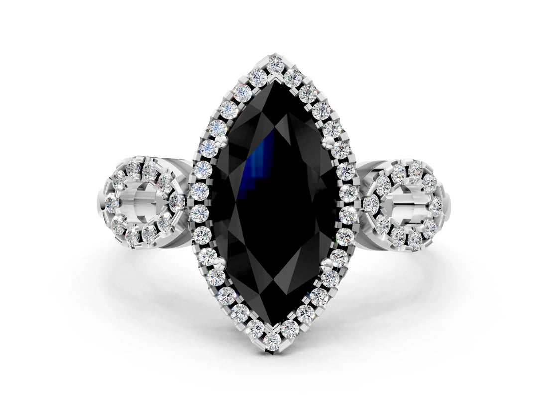 White gold Fancy Black Marquise Cut Cut Halo Diamond Infinity Band with Four-Prong Setting