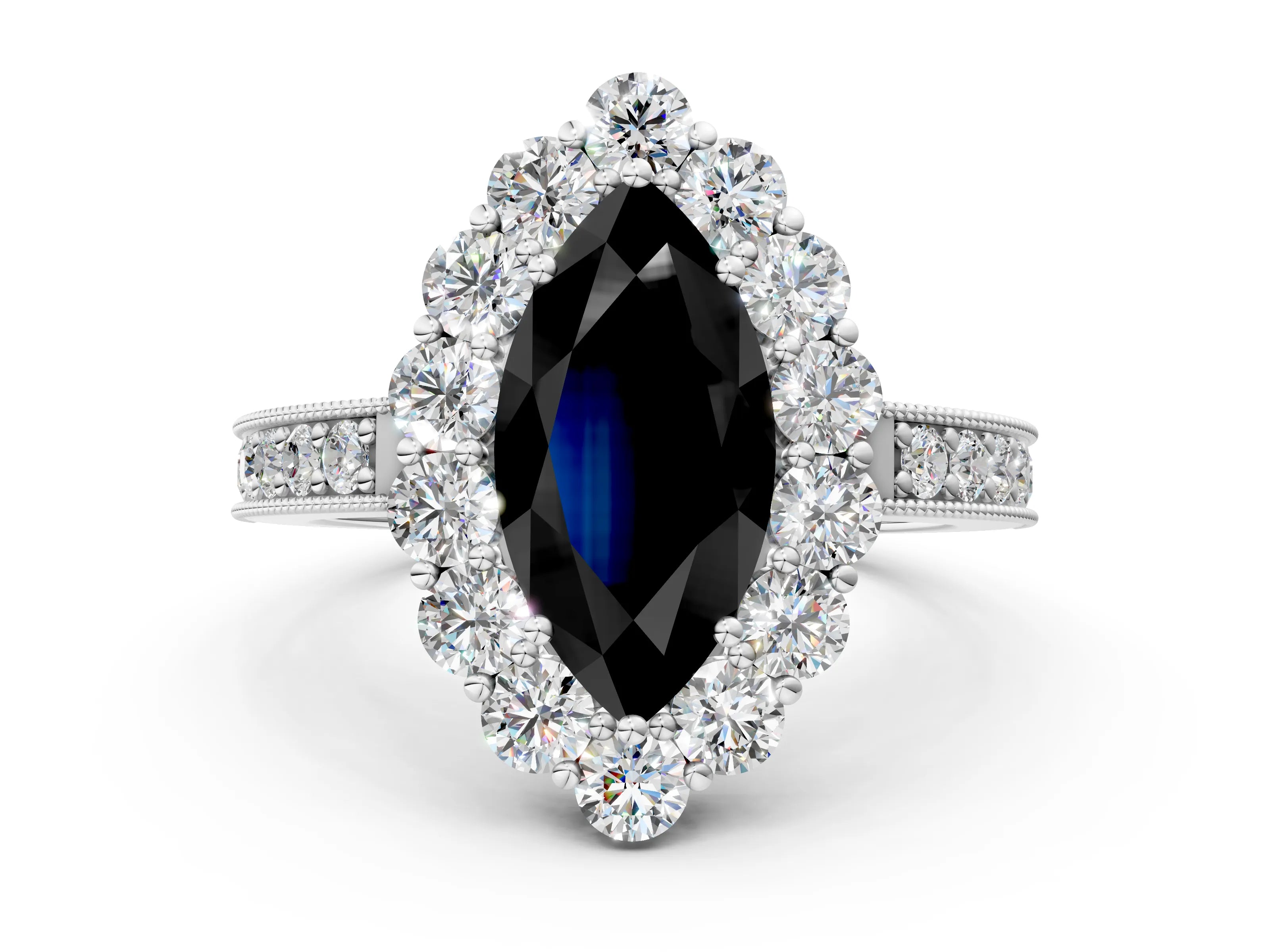 White gold Fancy Black Marquise Cut Cut Halo Diamond Pavé Engagement Ring with Milgrain Detailing_12