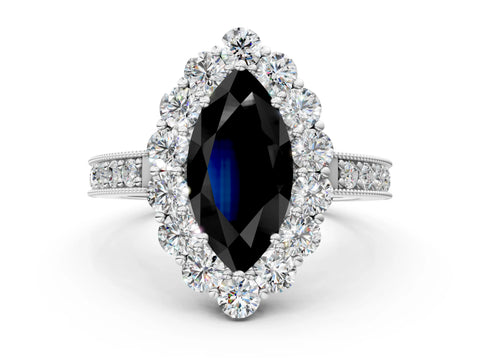 White gold Fancy Black Marquise Cut Cut Halo Diamond Pavé Engagement Ring with Milgrain Detailing_12