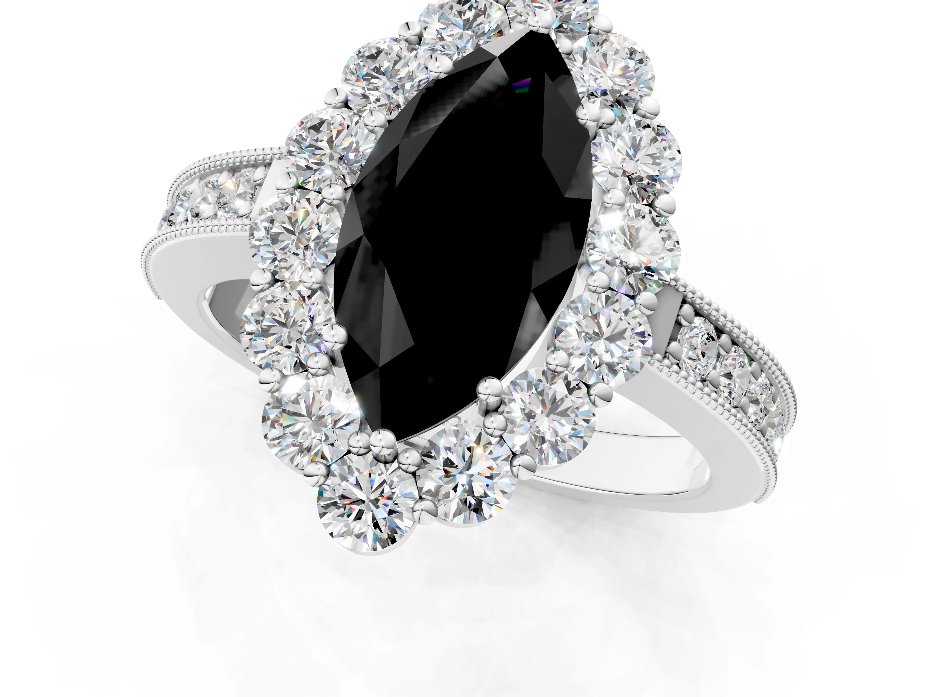 White gold Fancy Black Marquise Cut Cut Halo Diamond Pavé Engagement Ring with Milgrain Detailing_13