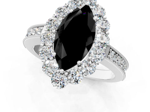 White gold Fancy Black Marquise Cut Cut Halo Diamond Pavé Engagement Ring with Milgrain Detailing_13