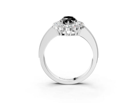 White gold Fancy Black Marquise Cut Cut Halo Diamond Pavé Engagement Ring with Milgrain Detailing_15