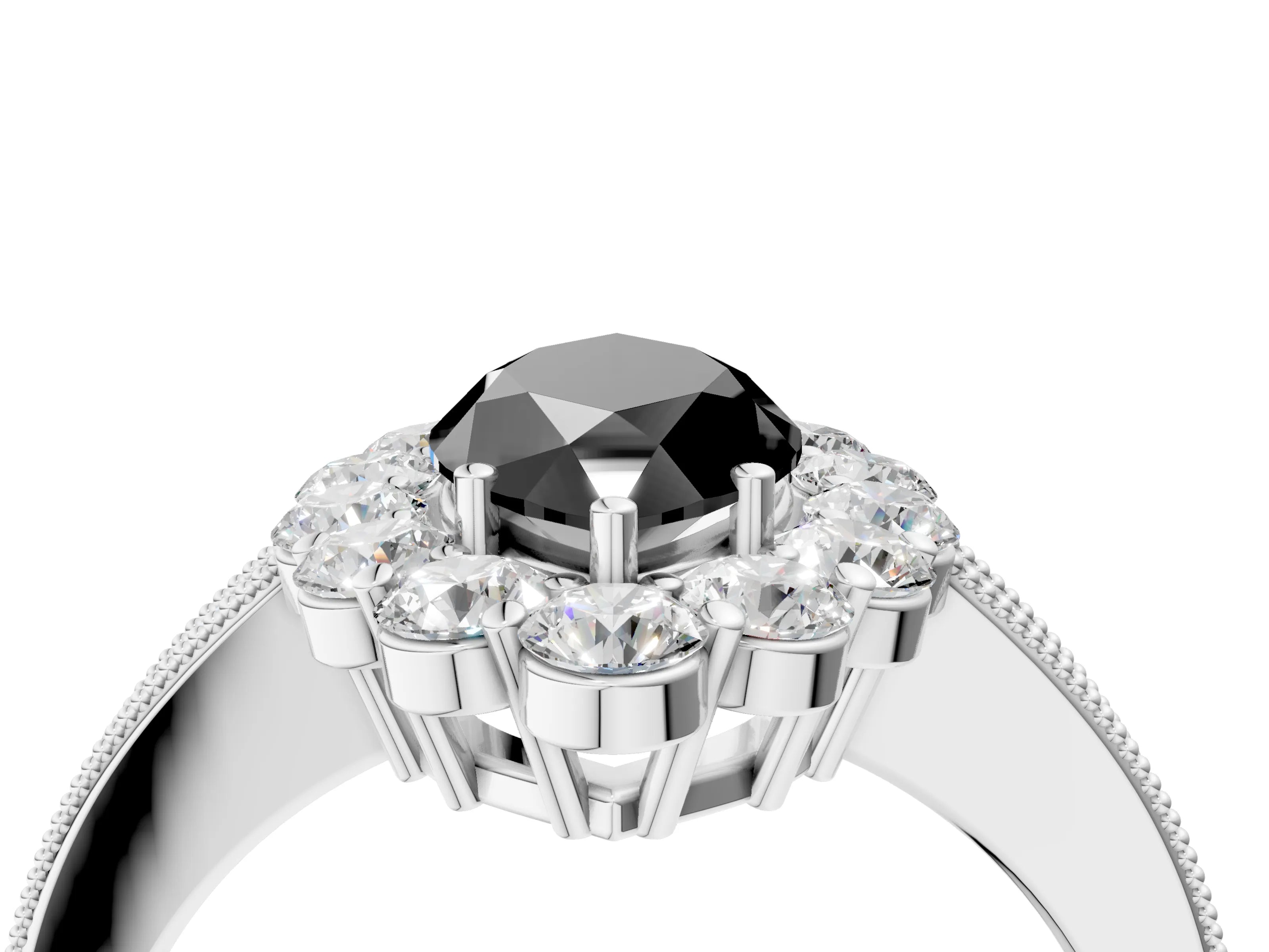 White gold Fancy Black Marquise Cut Cut Halo Diamond Pavé Engagement Ring with Milgrain Detailing_16