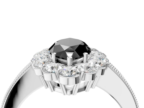 White gold Fancy Black Marquise Cut Cut Halo Diamond Pavé Engagement Ring with Milgrain Detailing_16