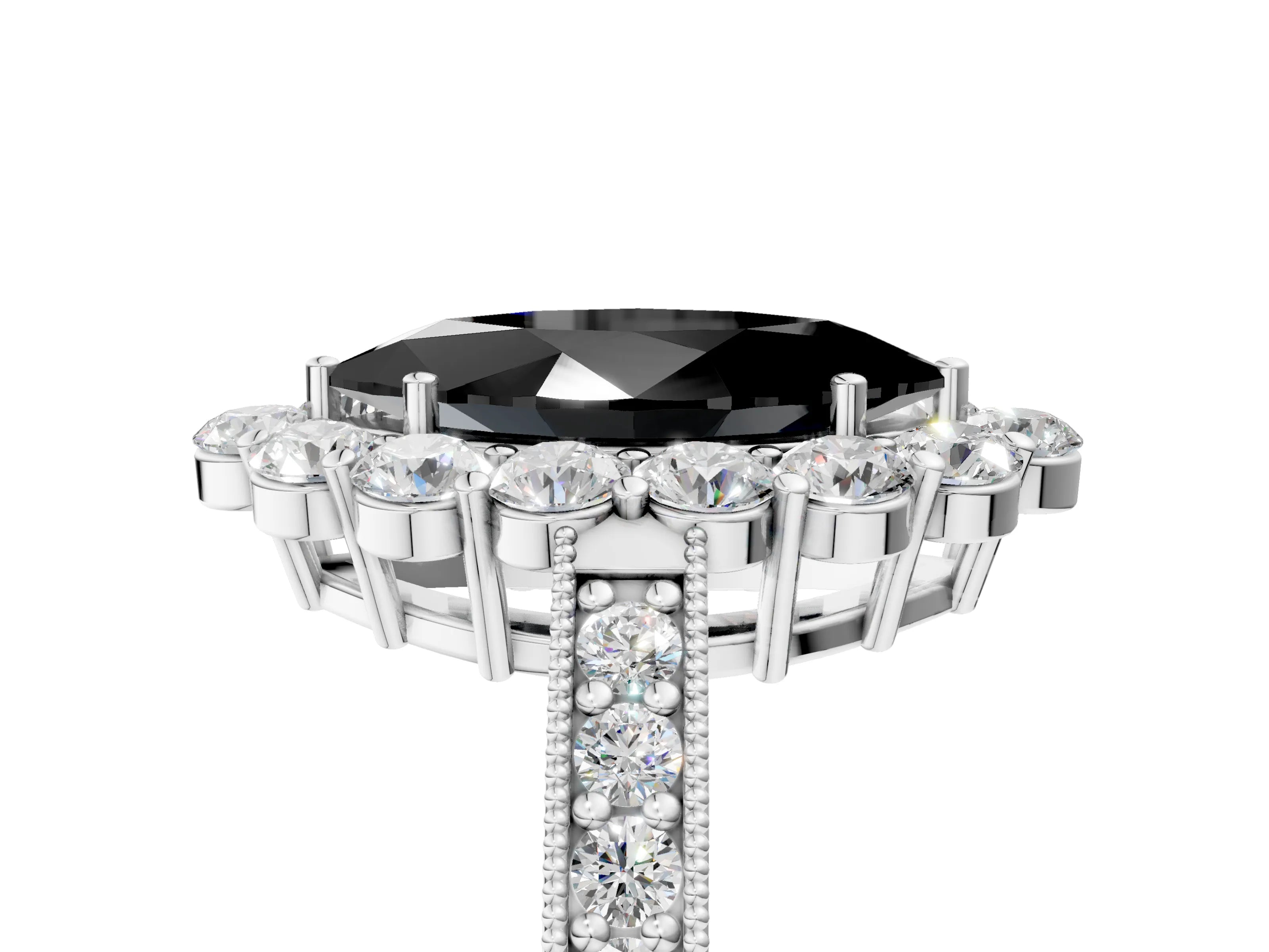 White gold Fancy Black Marquise Cut Cut Halo Diamond Pavé Engagement Ring with Milgrain Detailing_17