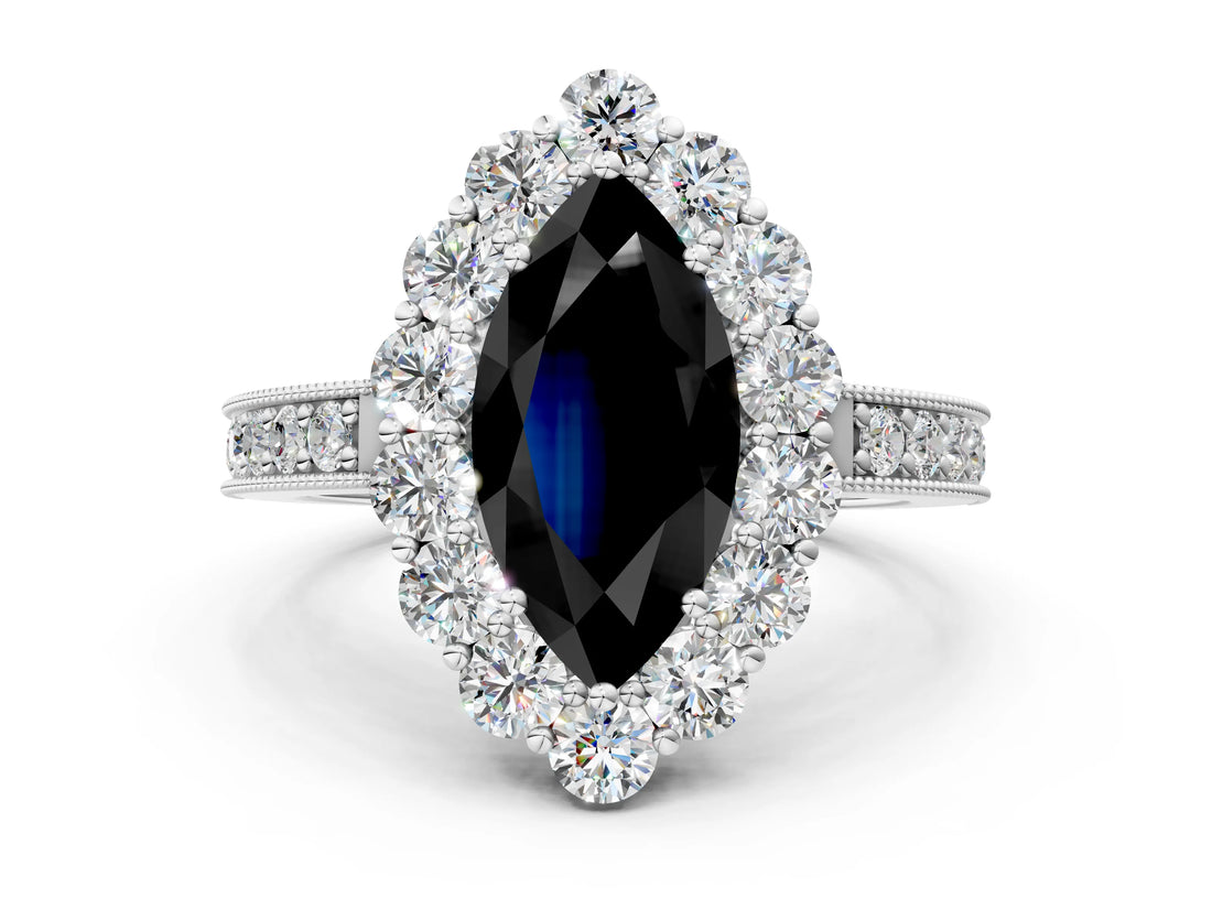 White gold Fancy Black Marquise Cut Cut Halo Diamond Pavé Engagement Ring with Milgrain Detailing_24