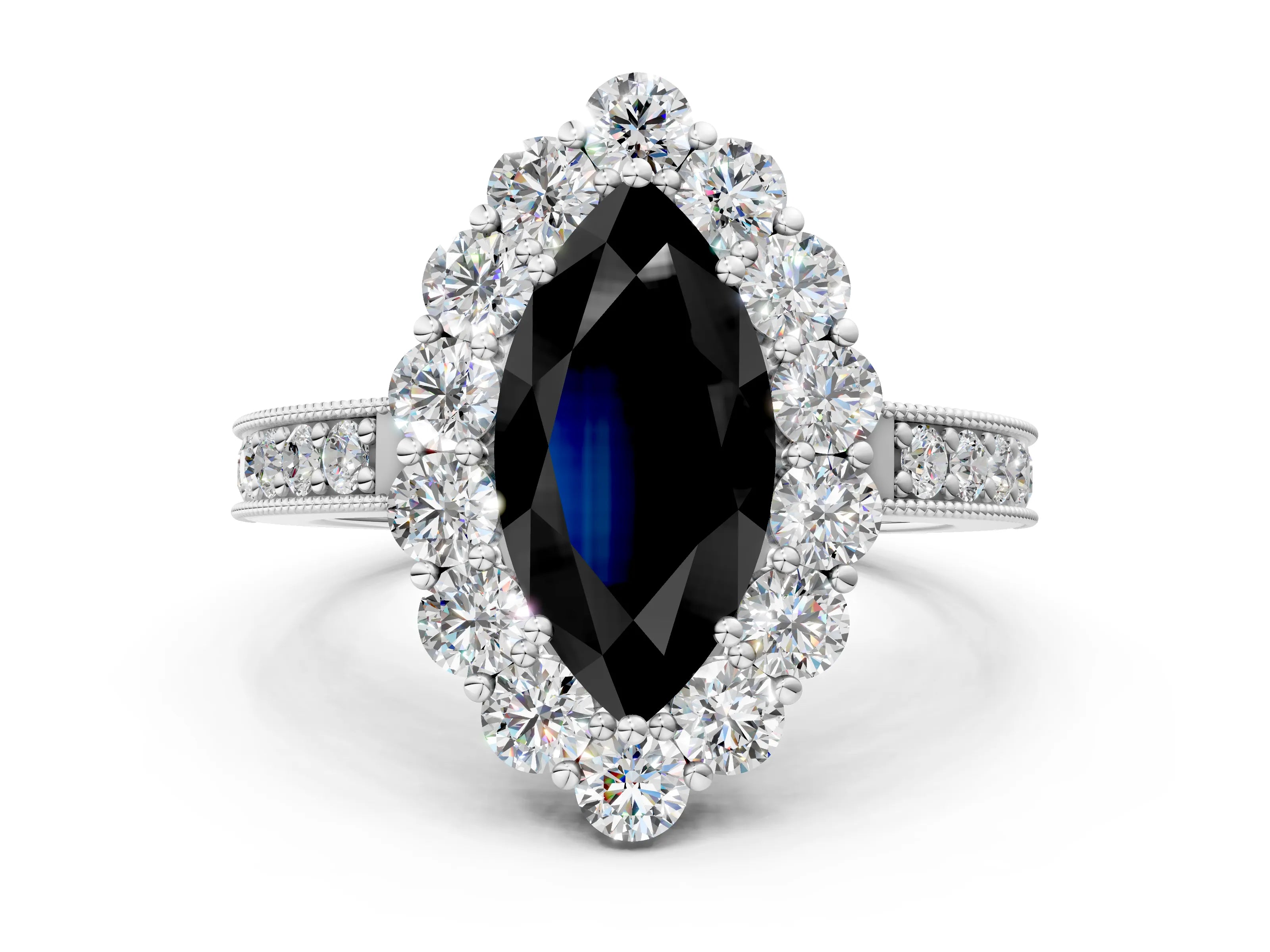 White gold Fancy Black Marquise Cut Cut Halo Diamond Pavé Engagement Ring with Milgrain Detailing_24
