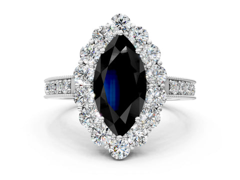 White gold Fancy Black Marquise Cut Cut Halo Diamond Pavé Engagement Ring with Milgrain Detailing_24