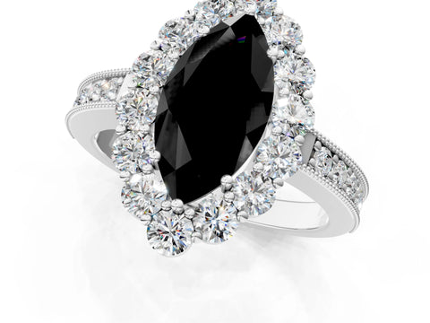 White gold Fancy Black Marquise Cut Cut Halo Diamond Pavé Engagement Ring with Milgrain Detailing_25