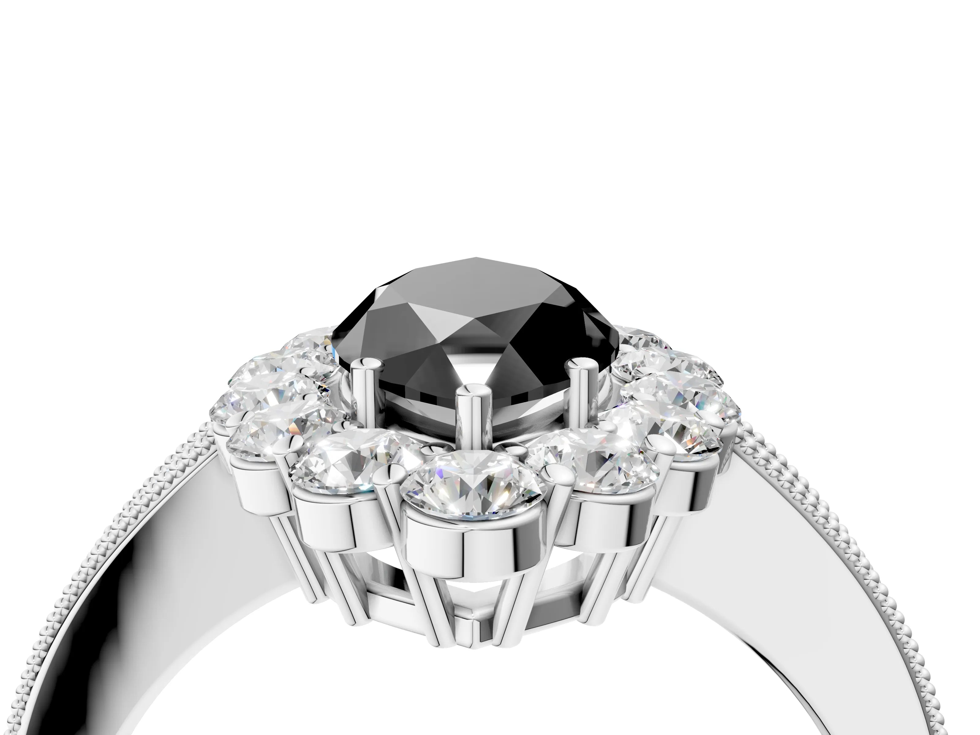 White gold Fancy Black Marquise Cut Cut Halo Diamond Pavé Engagement Ring with Milgrain Detailing_28