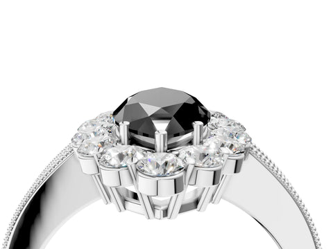 White gold Fancy Black Marquise Cut Cut Halo Diamond Pavé Engagement Ring with Milgrain Detailing_28
