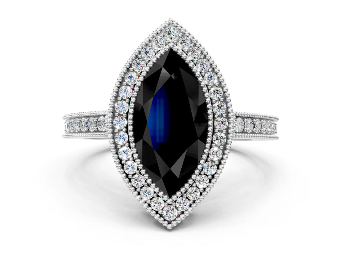 White gold Fancy Black Marquise Cut Cut Halo Pavé Diamond Ring