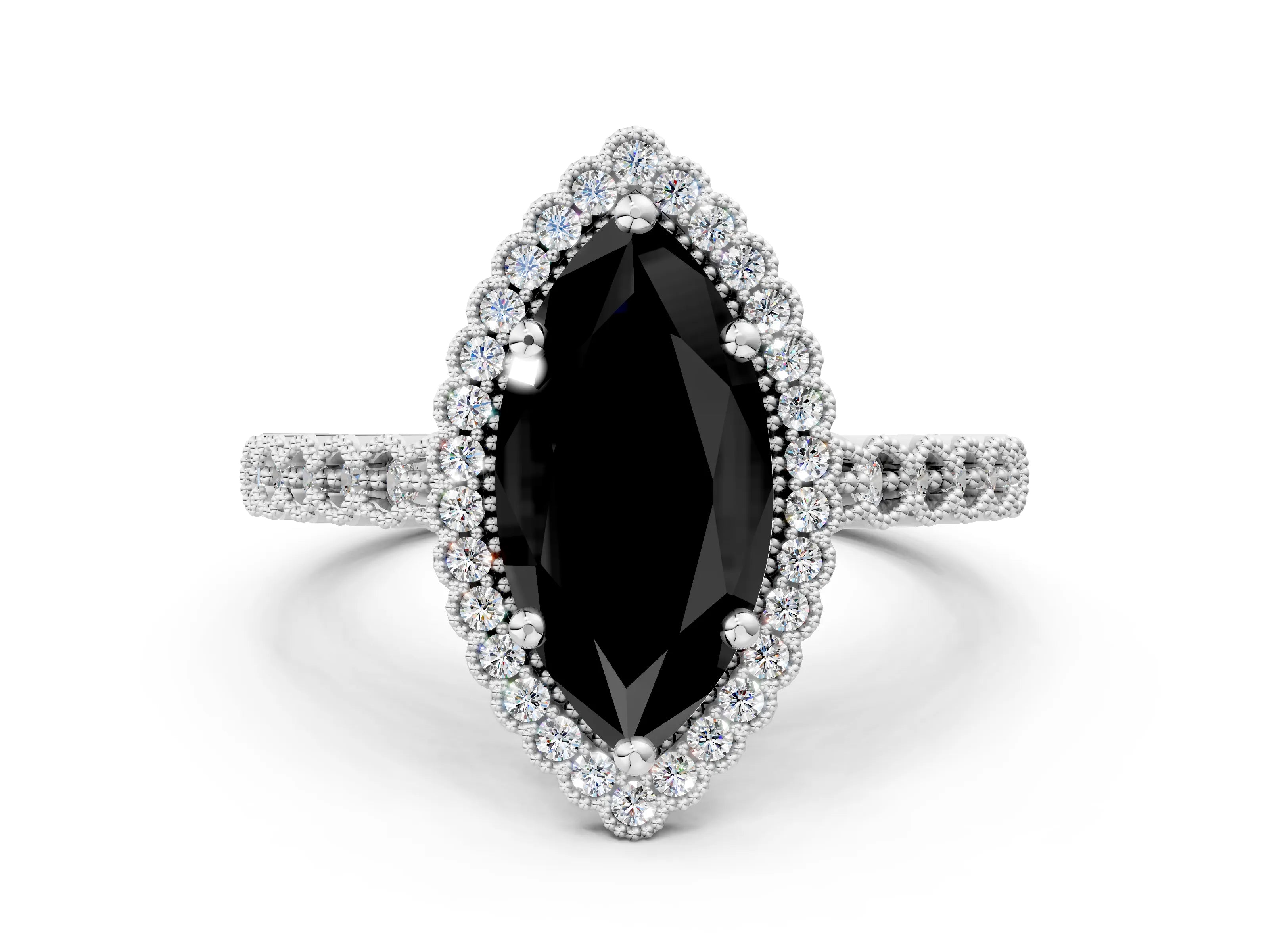 White gold Fancy Black Marquise Cut Cut Halo Pavé Solitaire Ring with Milgrain Band_12