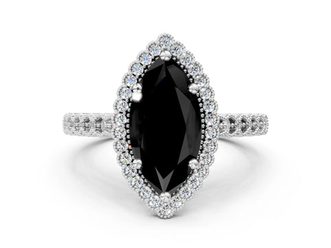 White gold Fancy Black Marquise Cut Cut Halo Pavé Solitaire Ring with Milgrain Band_12