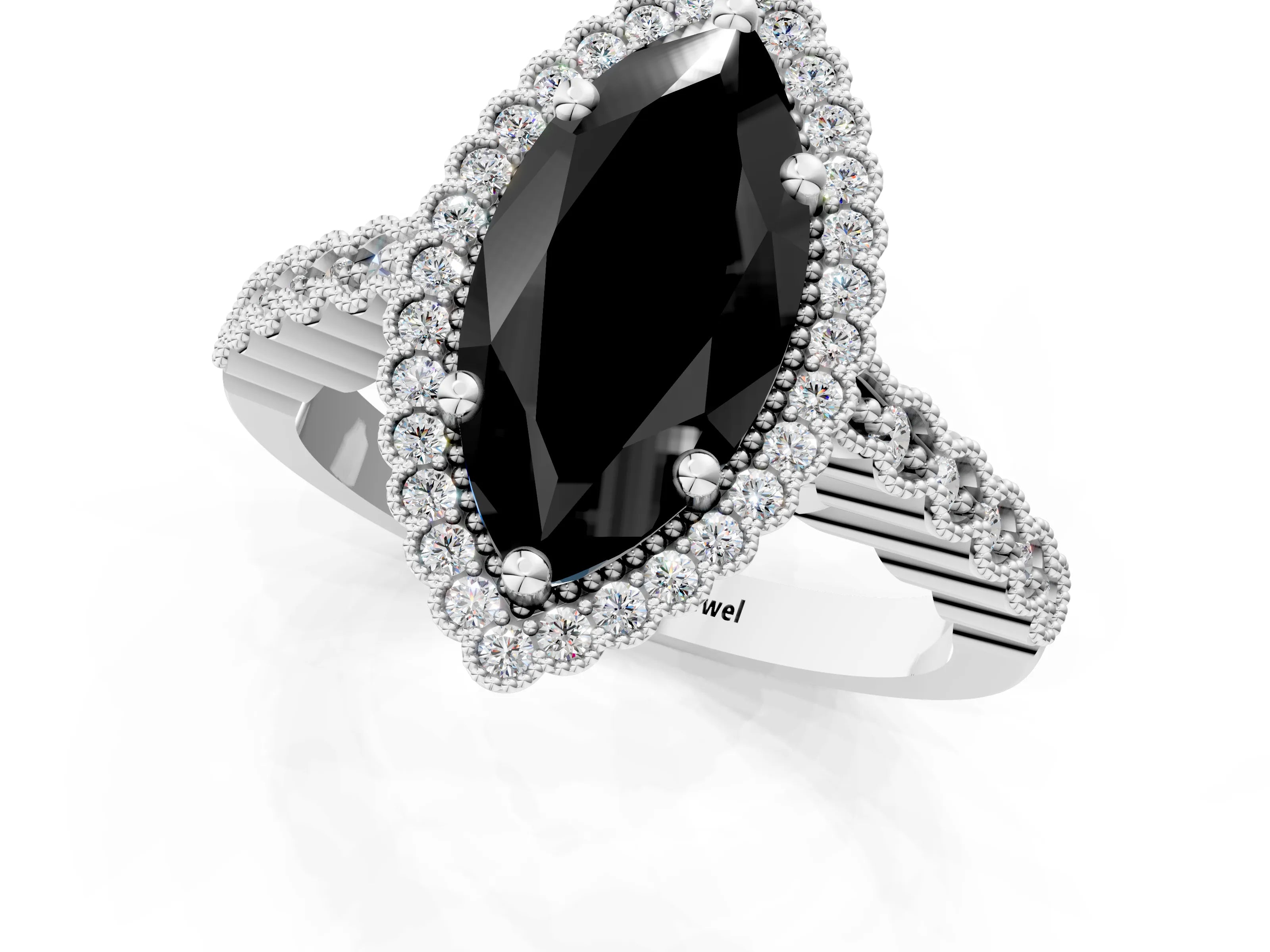 White gold Fancy Black Marquise Cut Cut Halo Pavé Solitaire Ring with Milgrain Band_13