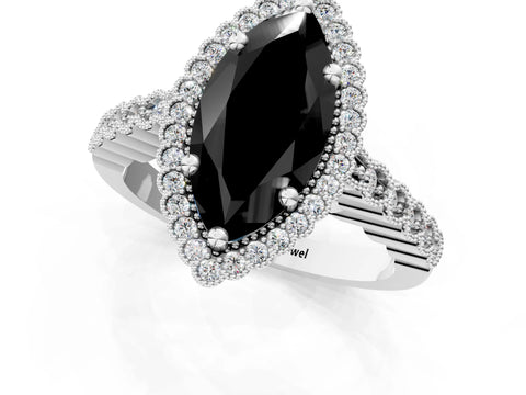 White gold Fancy Black Marquise Cut Cut Halo Pavé Solitaire Ring with Milgrain Band_13