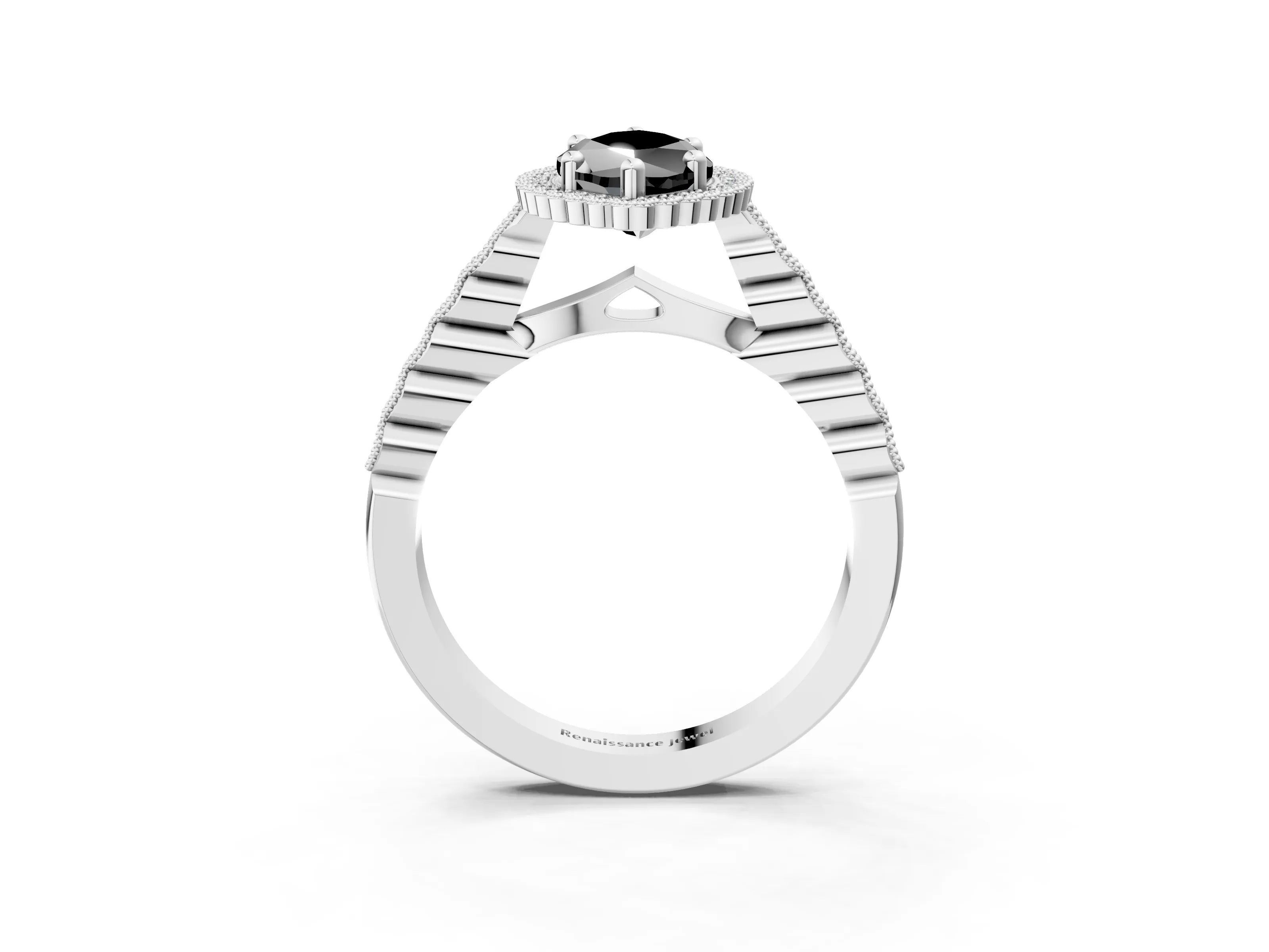 White gold Fancy Black Marquise Cut Cut Halo Pavé Solitaire Ring with Milgrain Band_15