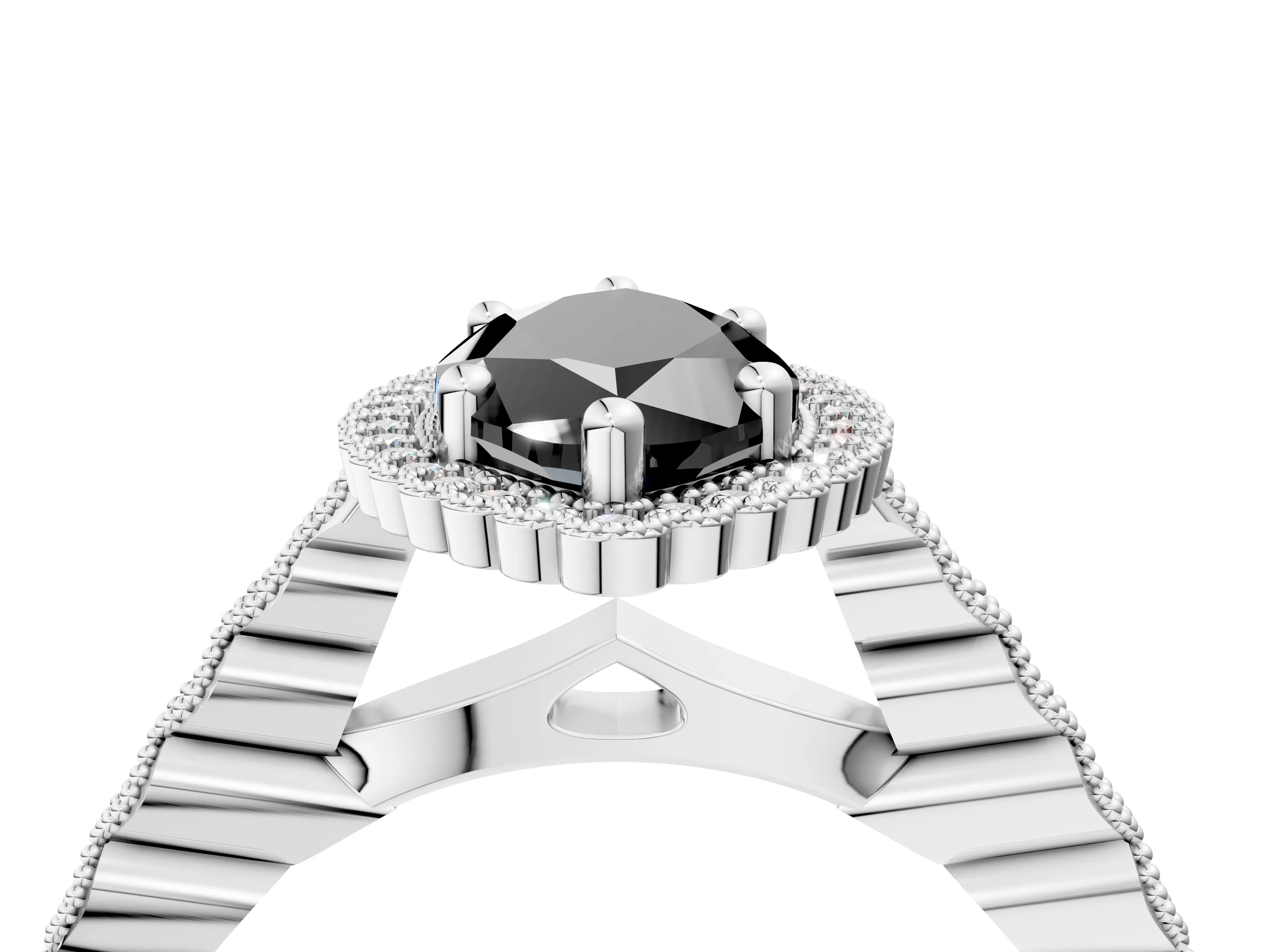 White gold Fancy Black Marquise Cut Cut Halo Pavé Solitaire Ring with Milgrain Band_16