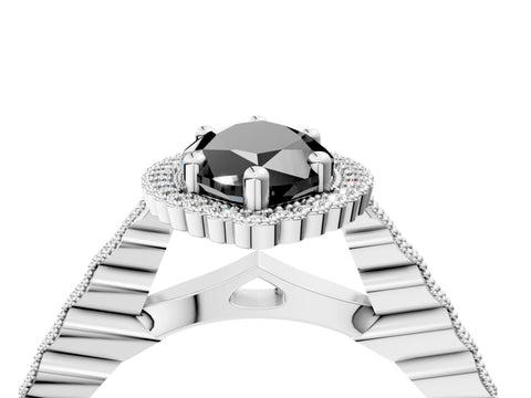 White gold Fancy Black Marquise Cut Cut Halo Pavé Solitaire Ring with Milgrain Band_16