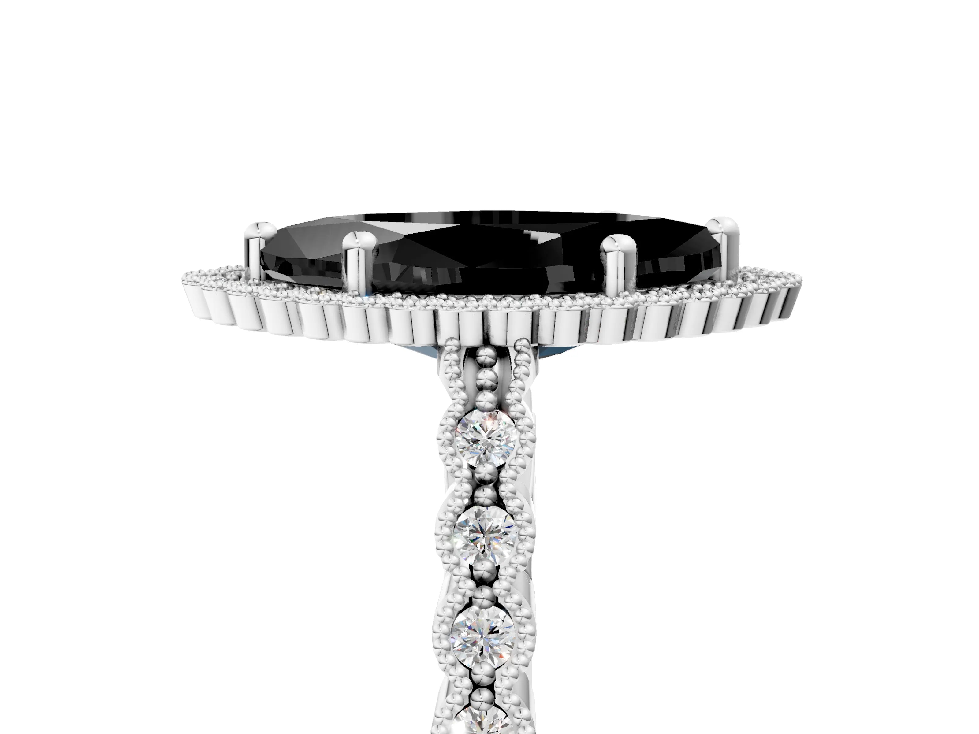 White gold Fancy Black Marquise Cut Cut Halo Pavé Solitaire Ring with Milgrain Band_17
