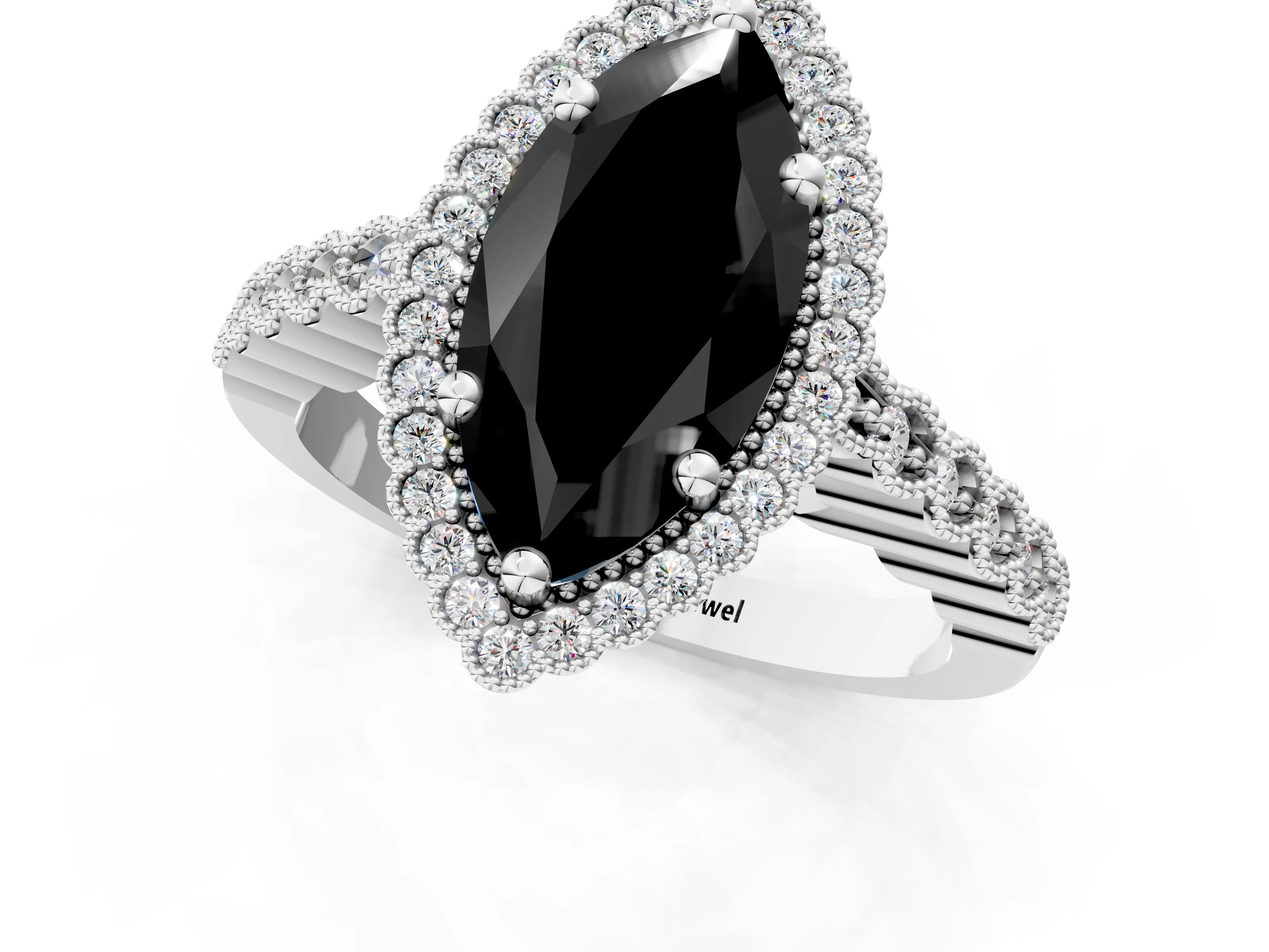 White gold Fancy Black Marquise Cut Cut Halo Pavé Solitaire Ring with Milgrain Band_1